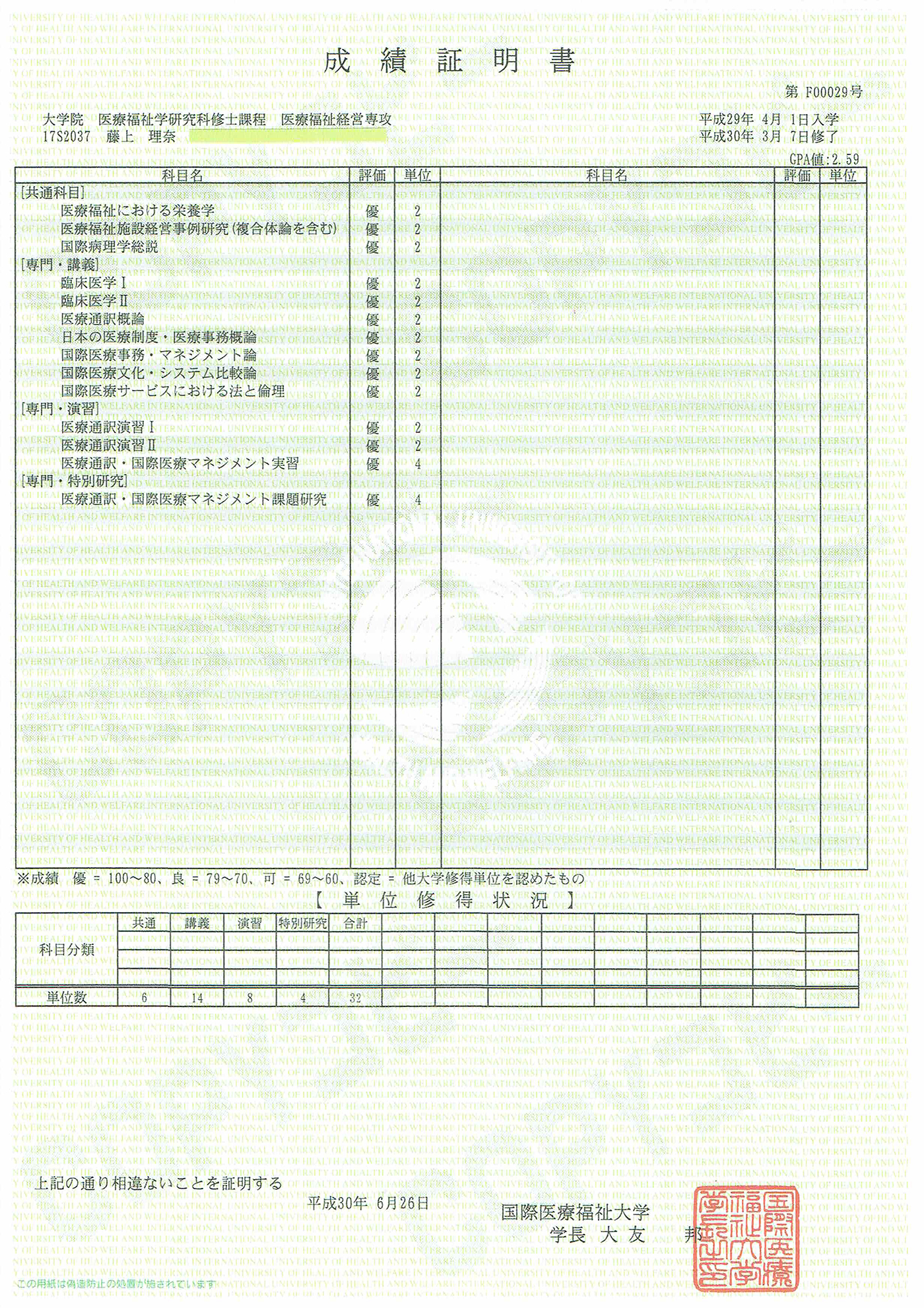 修士 成績証明書